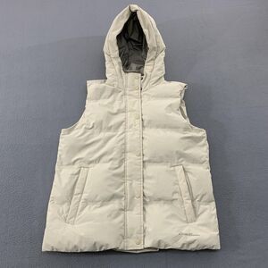 Eddie Bauer Vest Womens Large Beige Hooded Down Puffer Zip Pockets Winter